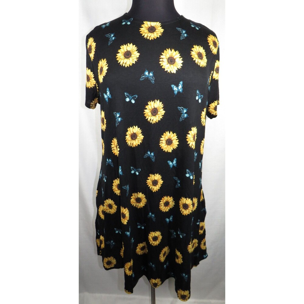 Riley & James Sunflower Butterfly Print Short Sleeve Dress With Pockets 3X